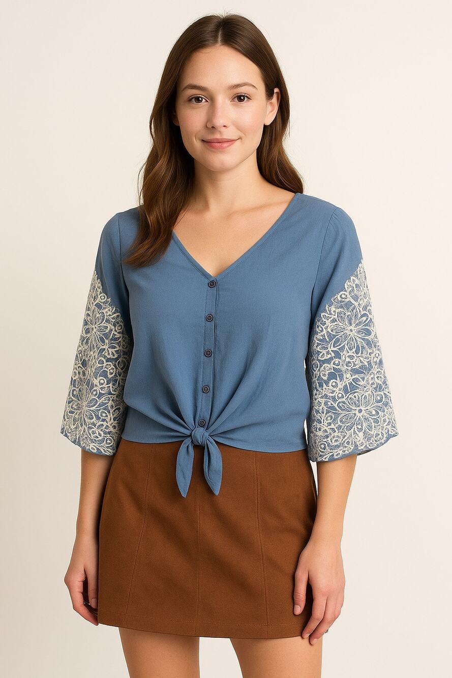 Harper Blue chambray and White Puff Sleeve Blouse with Tie Front medium boho